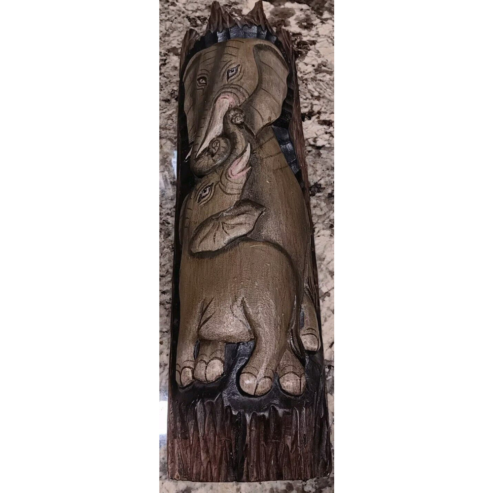 Hand Carved Twin Elephants Wood Wall Art Beautiful